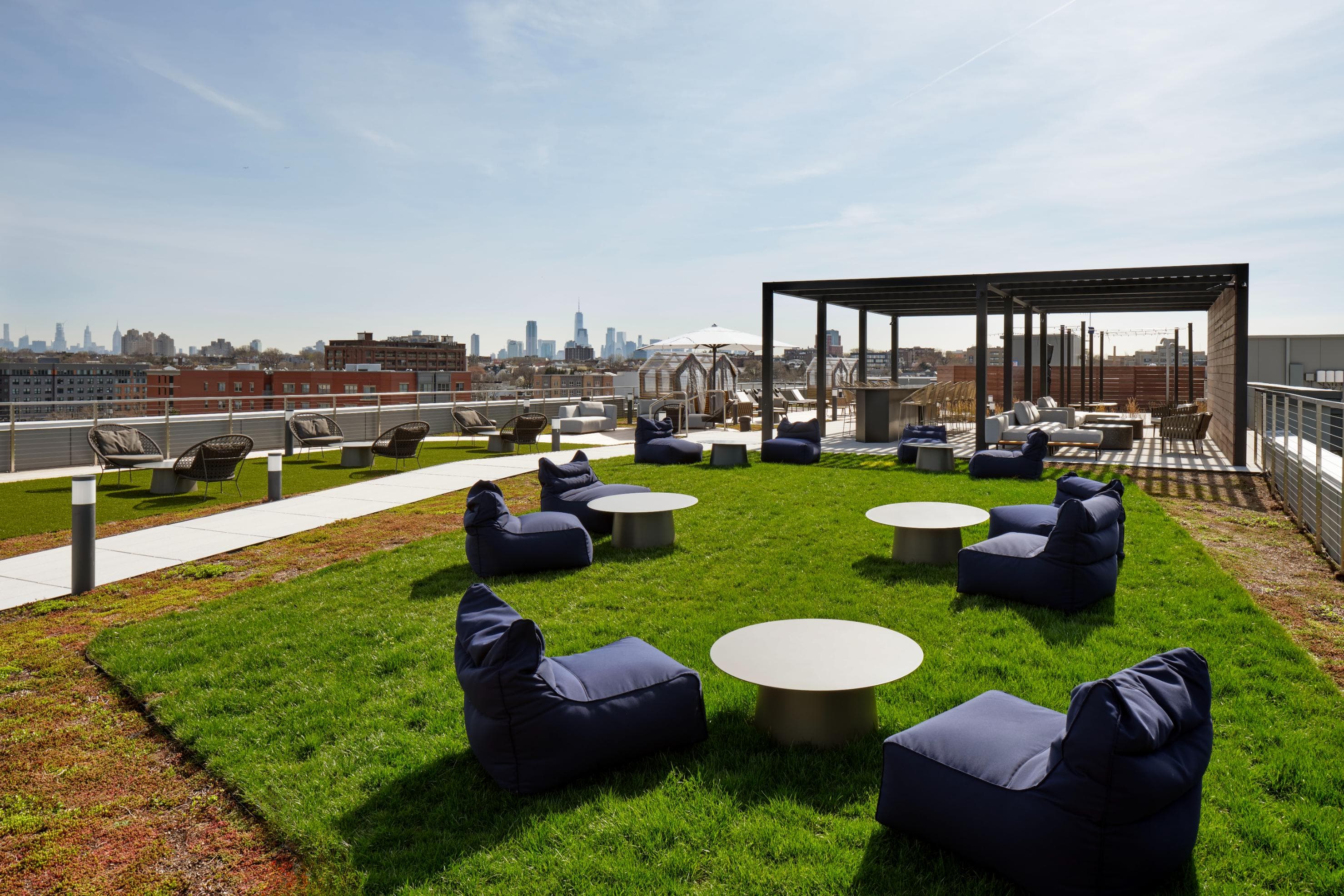 Rooftop seating with NYC skyline views